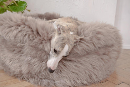 Oval Natural Sheepskin Pet Bed - Greige