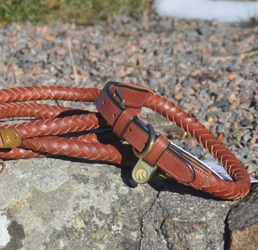 Premium dog collar in rounded natural tanned leather